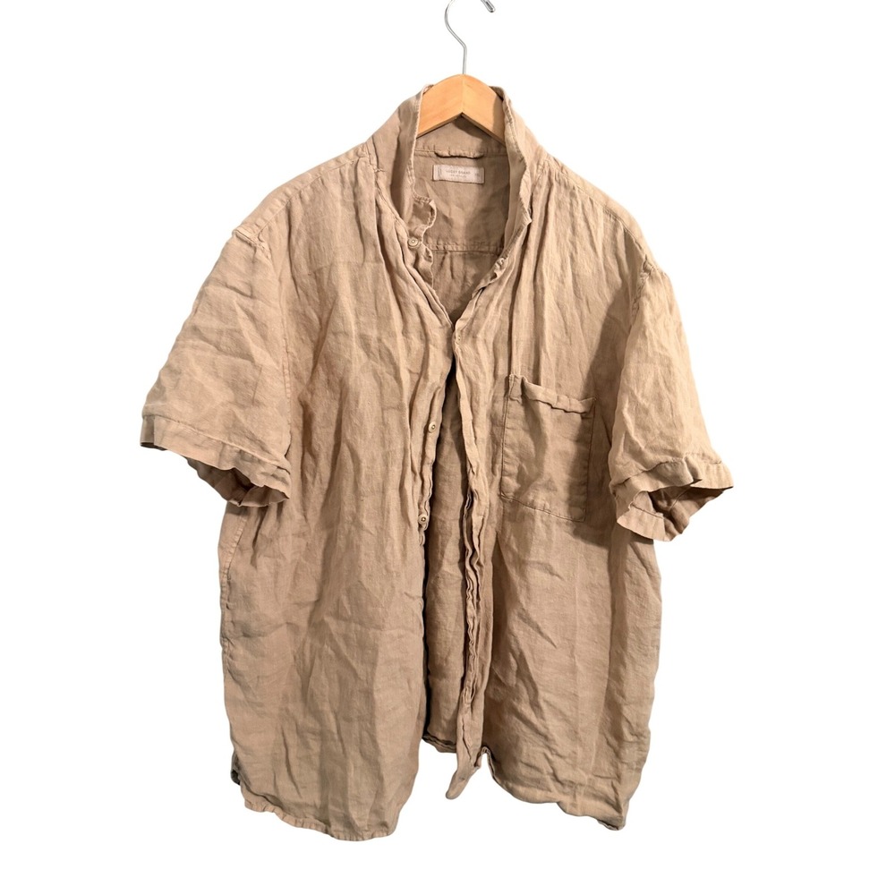 Lucky Brand Linen Button Down‎ Shirt Mens XXL Tan Short Sleeve Relaxed Pocket